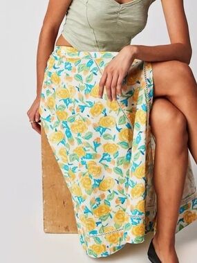 Free People SPELl Yellow Floral Maxi Skirt with Teal Accents
